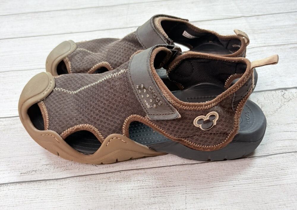 Crocs Men’s Swiftwater Mickey Mouse Sandals Shoes Brown Fisherman Size 12